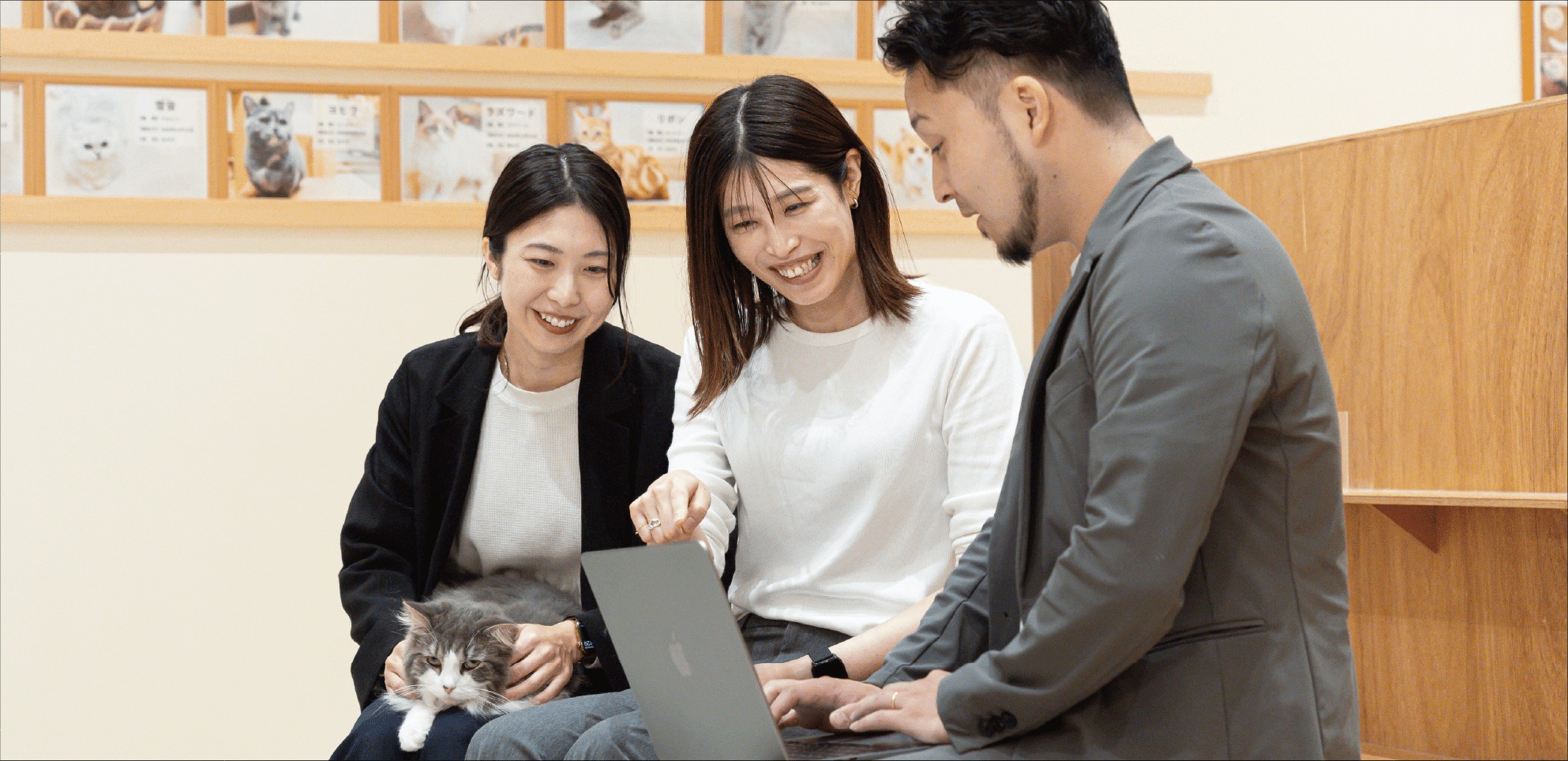 スタッフが猫を囲んで打ち合わせをする様子：MOFFの働く環境紹介写真